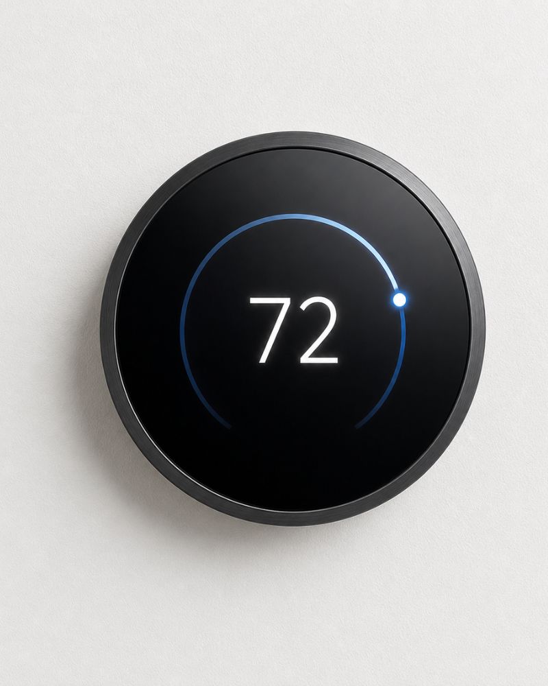 Smart thermostat on white wall representing energy savings with Onyx window film